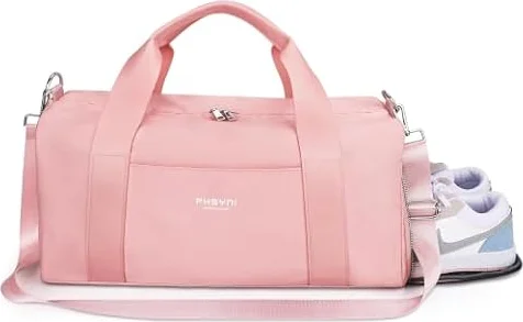 Gym Bag for Women,Pu Leather Handle,Dry Wet Separated with Shoe Compartment & Wet Pocket,Waterproof Duffle Bag for Travel Sports Fitness Workout Athletic (Pink,19"-Medium)