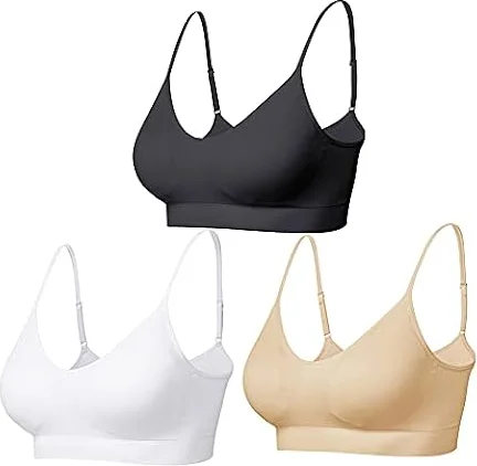 Comfyin Padded Bralette for Women Straps Sleep Bras Seamless Yoga Sport Bras 3 Pack（Black+Beige+WhiteL