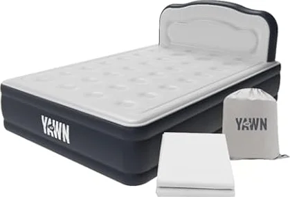 YAWN AIR Deluxe Self-Inflating Airbed with Custom Fitted Sheet Included - Double Size - Great Guest Bed, Camping Mattress - Built-in Pump & Headboard - Available in UK Single, Double & King