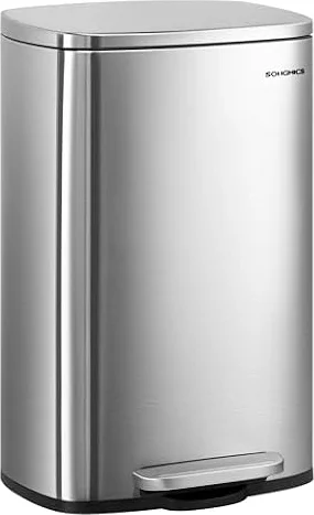 SONGMICS Kitchen Bin 13 Gallon (50 L), Pedal Rubbish Bin, Soft Close, Step-On Pedal, Steel, Inner Bucket, Silver LTB050E01