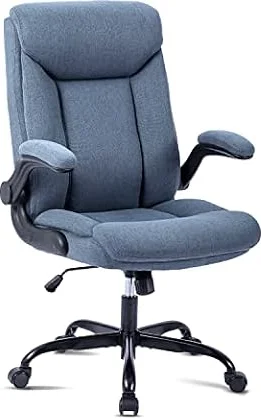 MZLEE Fabric Office Chair for Home Office, Ergonomic Heavy Duty Desk Chair with Flip-up Arms & Lumbar Support, Comfortable Padded Swivel Computer Chair for Bedroom Study, 150KG Capacity, Navy Blue