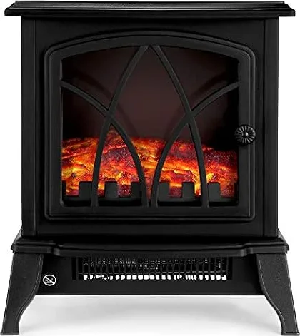 NETTA Electric Fireplace Stove Heater 1600-1800W with Fire Flame Effect, 2 Heat Settings, Adjustable Thermostat, Freestanding Portable Electric Log Wood Burner Effect - Black