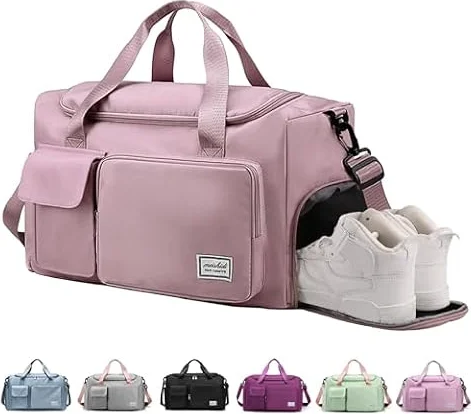 RainFlowwer Travel Duffel Bag Women Men,Sports Gym Bag with Shoes Compartment,Waterproof Travel Bag Overnight Bag with Dry Wet Separated Pocket,Carry Luggage Bag Weekender,Sports,Gym,Travel (Pink)
