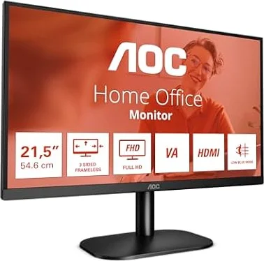 AOC 22B2H - 22 inch FHD Monitor, 75Hz, VA, 7ms Frameless design, Tilt, lowBlue Mode, Flicker Free (1920 x 1080 @ 75Hz, HDMI/VGA)