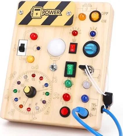 Montessori Busy Board for toddlers for 1 year old Activity Board Wooden Toy With 10 Switches and 23 LED Lights Sensory Board Motor Skills Toy for Babies and Children from 2 3 4 years Boys and Girls