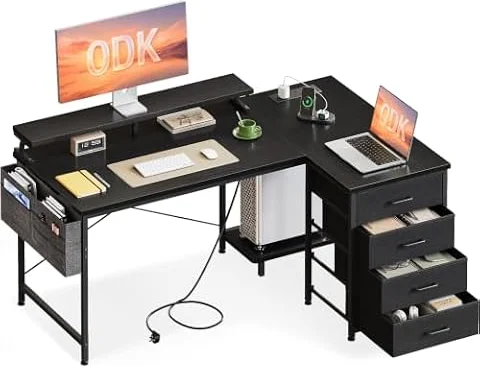 ODK L Shaped Computer Desk with Drawers & Monitor Stand, 140 x 80 cm, Black