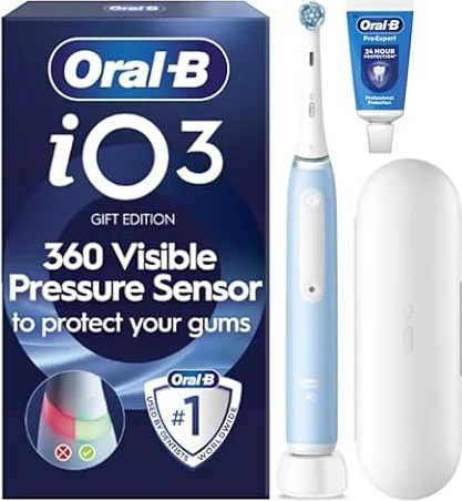 Oral-B iO3 Electric Toothbrush, Ice Blue, with Travel Case and Toothpaste