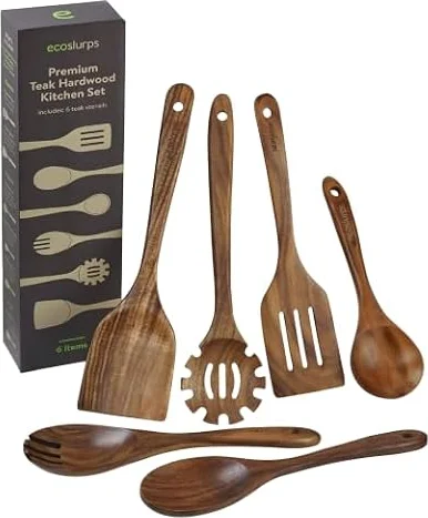 EcoSlurps 6 Premium Teak Wood Kitchen Utensil Set - British Designed Wooden Cooking Utensils - Plastic Free Wooden Spoons and spatulas - Luxury Kitchen Gift (6 Cooking utenils Set)