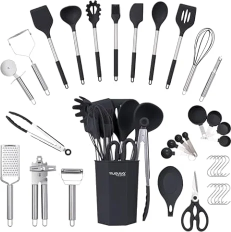 Stainless Steel Kitchen Utensils Set – Non Stick Heat Resistant Silicone Cooking Utensils – Ladles, Spoons & Spatulas Set – Kitchen Tools & Accessories – 36pcs, Black – by Nuovva