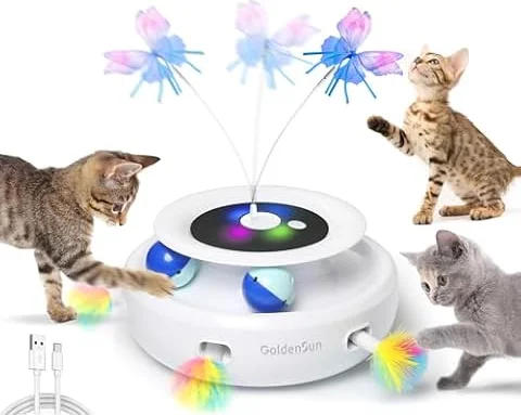 GoldenSun 3-In-1 Interactive Cat Toys for Indoor Cats Adult, Smart Cat Feather Toys, Rechargeable Power Cat Toys Balls & Handmade Butterfly Cat Toy, Teaser with 6 Attachments