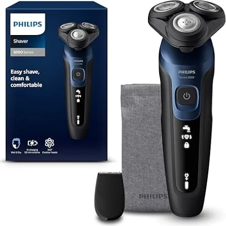 Philips Shaver Series 5000 - Wet & Dry Electric Men's Shaver in Metallic Blue with Precision Trimmer and Soft Pouch Travel Case (Model S5465/18)
