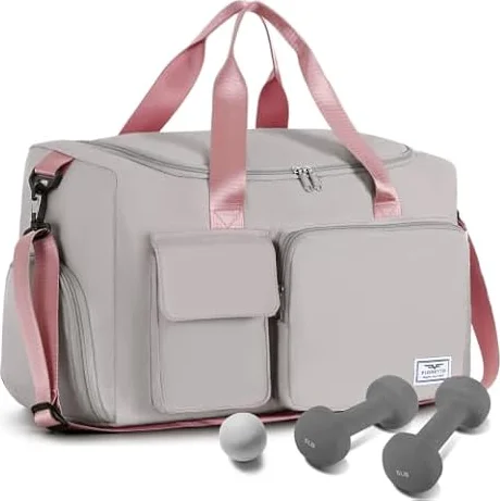 FIORETTO Gym Bag Womens, Sports Bag with Shoe Compartment, Grey&Pink