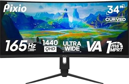 Pixio PXC348C 34 inch 144Hz UWQHD 3440 x 1440 Ultrawide USB-C Displayport 65W Charging 1440p 165Hz (Overclock) DCI P3 96% 34-inch 1ms AMD FreeSync Premium HDR Ultra Wide 1500R Curved Gaming Monitor