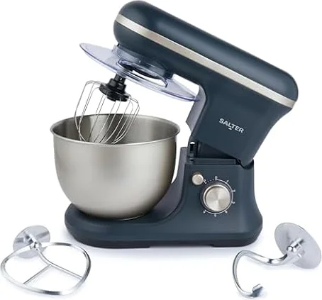 Salter Marino Baking Stand Mixer - 6 Speed Kitchen Mixer With Pulse, 5L Stainless Steel Mixing Bowl, Removable Splash Guard, Whisk, Dough and Beater Attachment, 1200W, Blue/Grey