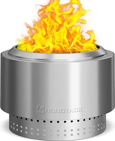 HongTaok Smokeless Fire Pit with Removable Ash Pan for Wood Burning, Silver