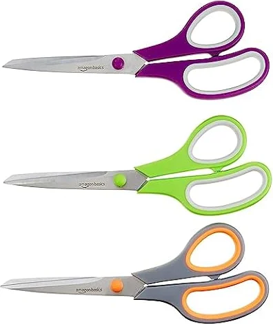 Amazon Basics Stainless Steel Scissors, Comfort Grip Multi-Functional Utility, Multipurpose, PVD Coated, Pack of 3, Office, Home, Kitchen, Multicolor
