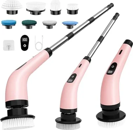 SINZUX Electric Spin Scrubber, Electric Cleaning Brush with 8 Replaceable Brush Heads, Power Scrubbing Brush with LED Display and Adjustable Extension Handle, Power Scrubber for Bathroom Kitchen Car
