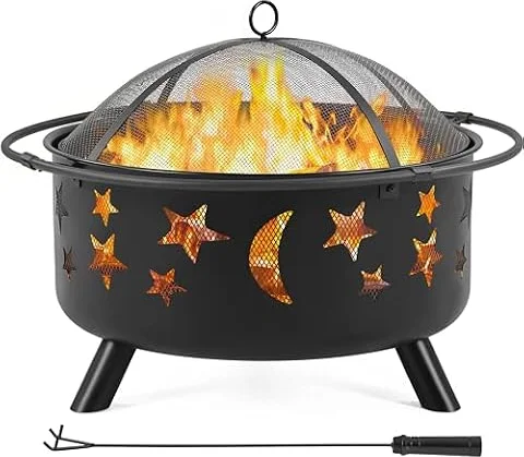 Yaheetech Garden Fire Pit, Large Outdoor Firepit with Stars & Moons, Black