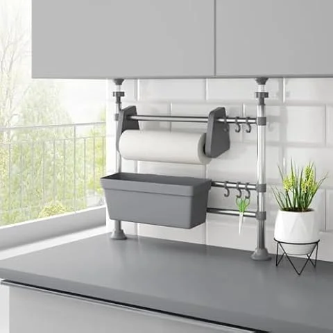 Runheo Kitchen Organiser Adjustable Aluminium with Basket and Hooks, 50 x 15 x 47-80 cm, Space-Saving for Kitchen, Bathroom, Cabinet, Storage, Tidy, Stackable System for Containers, Cans, Boxes