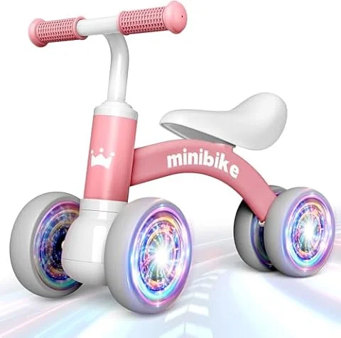 HappyGoLucky Baby Balance Bike 1 2 Year Old, 4 Wheels Lighting Ride On Toys for 1 2 Year Old Girls Gifts, Toddler Toys 1 2 Year Old Girl Toys Age 1-2, Girls Christmas Xmas Gifts for Kids Tricycles