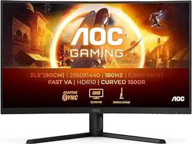 AOC Gaming CQ32G4VE - 32 Inch QHD Curved Monitor, 180Hz, Fast VA, 1ms GtG, HDR10, G Menu, Game Modes, FreeSync (2560 x 1440, 300 cd/m2, HDMI 2.0 / DP 1.2)