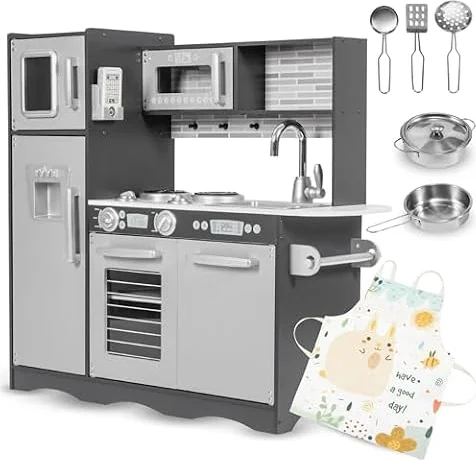 Mamabrum Kids Play Kitchen - Children's Play Kitchens with LED Lightning System - Toy Kitchen Set for Kids with Pretend Cooking Accessories for Role Play - Dark Grey