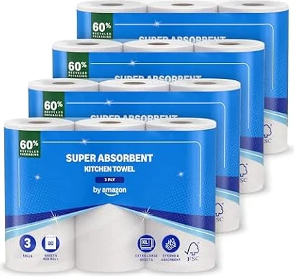 by Amazon Super Absorbent Kitchen Towel, 3-ply, 12 Rolls (4 Packs of 3), 80 Sheets per Roll
