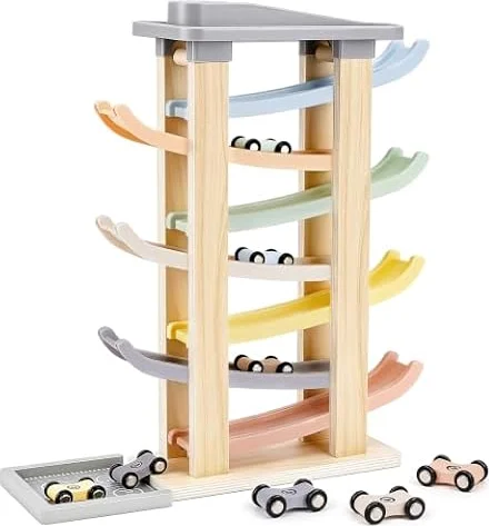 Joyreal Wooden Car Ramp Toy - Montessori Toys for 1 2 3 Years Old, Ramp Racer Toy Vehicle Set with 8 Mini Cars & Race Tracks & Car Garage, Toddler Travel Toys Gifts for Boys Girls