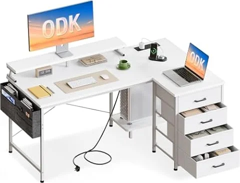ODK L Shaped Computer Desk with Drawers & Monitor Stand, 140 x 80 cm, White