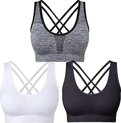 SEGRILA Women’s Sports Bras 3 Pack Crisscross Back Yoga Bras Medium Support Workout Bras with Removable Pads（Black&White&Grey, M）