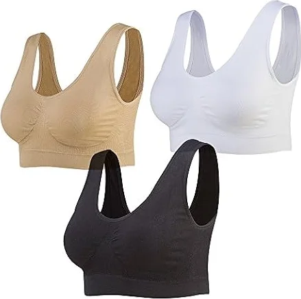 Lemef 3-Paquet soutiens-Gorge de sans Couture Sport Yoga sans Armature avec coussinets amovibles Pour Femmes, Black&white&nude, XL