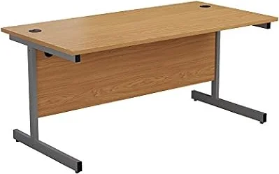 Office Hippo Heavy Duty Rectangular Cantilever Desk - Home Office Table + Integrated Cable Ports, PC Desk - 5 Yr Warranty - Silver Frame/Oak Top, 120cm x 80cm
