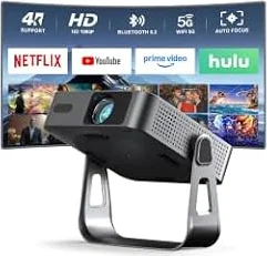 [Compatible with Netflix & Auto Focus] AuKing Mini Black Smart Projector 4K Support, WiFi & Bluetooth, Native 1080P Projector with 360° Stand, Auto Keystone, Thinnest Design