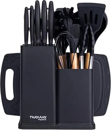 Cooking Utensils Set with Chopping Board – Knife Set with Block – Heat Resistant Silicone Utensils with Wooden Handle, Spoons, Ladles & Spatula – Kitchen Tools & Accessories – 17pcs, Black – by Nuovva