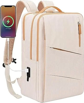 Hp hope Laptop Backpack for Women Travel, Durable Backpacks Carry On, with USB Charging Port, Fits 15.6 Inch Laptop, Waterproof, Resistant Luggage Business Weekender Bag, Beigeplus