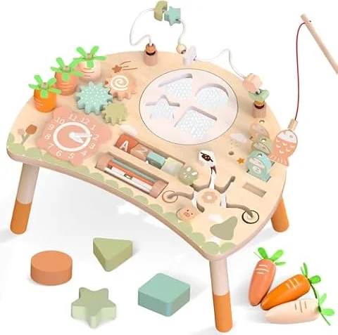 Wooden Baby Activity Table for 1 Year Old, 9-in-1 Montessori Busy Board Toy