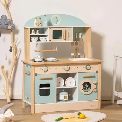 ROBUD Play Kitchen Wooden Toys for Kids | Toy Kitchen with Oven, Washing Machine, Microwave Oven, Kitchenware, Tableware & Kitchen Accessories, Kids Kitchen Birthday Gifts for Girls Boys 3-6 Years Old