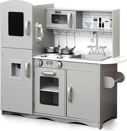 KIDOZ Signature Wooden Play Kitchen for Kids, Large Toy Kitchen, Grey