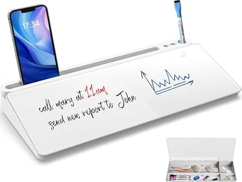 Sliandtelly Desk Glass Whiteboard with Storage 40x18cm Dry Erase White Base