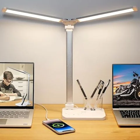 iVict Dual Swing Arm LED Desk Lamps, 5 Light Modes x 10 Brightness Levels Desk Light with USB Charging Port, 45 Minutes Auto Timer Table Lamp, Desk Lamp for Home Office, Bedroom, Reading