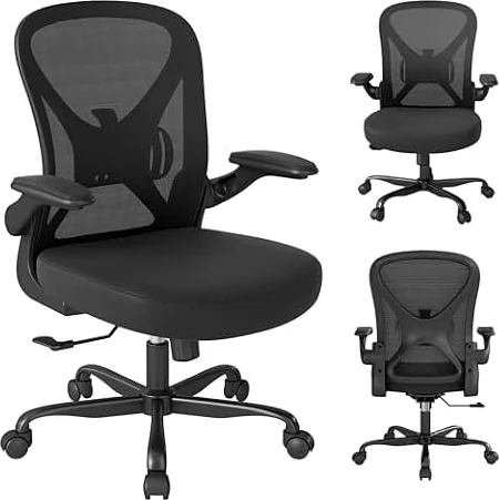 Keratee Ergonomic Office Chair with Adjustable Lumbar Support, 136 KG Swivel Desk Chair with Flip-Up Arms, Mesh Comfy Padded Seat for Computer and Home, Black