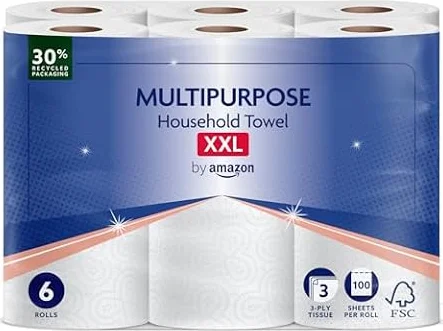 by Amazon Multipurpose Kitchen Roll, 3-Ply, XXL Household Towel, 6 Rolls (Pack of 1), 100 Sheets per Roll