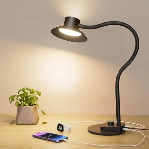 Plug-in Desk Lamp with Dual USB Ports, Dimmable Eye-Caring, 1400LM, Black