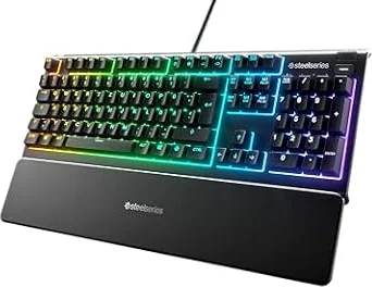 SteelSeries Apex 3 Gaming Keyboard - Silent Keyboard, PC Keyboard with 10-Zone RGB Illumination - IP32 Water & Dust Resistant - Premium Magnetic Wrist Rest - English QWERTY Layout, Black