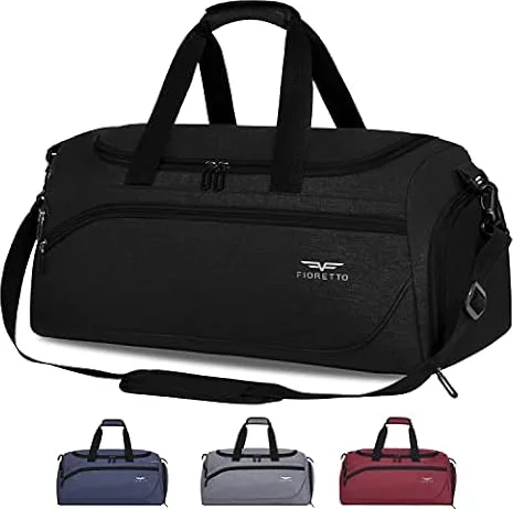 FIORETTO 35L Mens Sports Gym Bag with Wet Pocket & Shoe Compartment,Travel Duffle Overnight Bag with Padded Shoulder Strap, Water-Resistant Sports Holdall for Swimming, Basketball Black