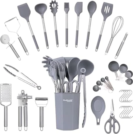 Stainless Steel Kitchen Utensils Set – Non Stick Heat Resistant Silicone Cooking Utensils – Ladles, Spoons & Spatulas Set – Kitchen Tools & Accessories – 36pcs, Grey – by Nuovva