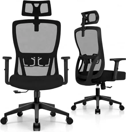 Durrafy Ergonomic Office Chair, Desk Chair with Adjustable Headrest, Lumbar support and Liftable Armrest, High Back, Breathable Mesh Backrest for Comfy, Computer Chair for Home/Office