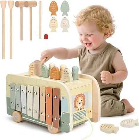 Vanplay Montessori Toys for 1 Year Old Boy Girls, Wooden Hammering Pounding Toy 7 in 1 with Xylophone & Magnetic Fishing Game for Kids, Gifts for 1 2 3 Year Old Boy Girl