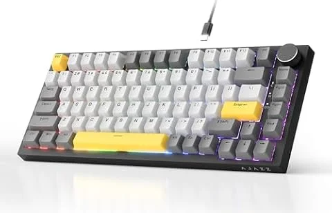 AJAZZ AK820 Wired Mechanical Keyboard, 75% Gaming Keyboard with Volume Control Knob, PBT Keycaps, 82 Keys, Five-Layer Sound Insulation Pad, South-Oriented RGB, Full-Key Hot Swap, Black Grey Yellow