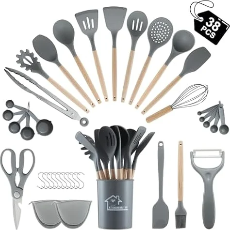38 Pieces Kitchen Utensils Set, BEWOS Silicone Cooking Utensils Set with Spatula, Utensil Holder and Measuring Spoons, Nonstick Heat Resistant, Grey Kitchen Gadgets, Wooden Handle